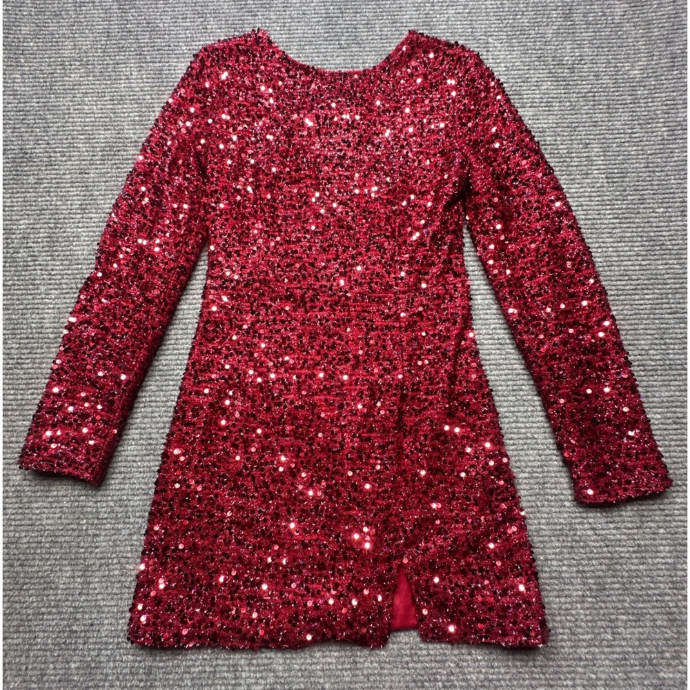 D&M Mini Dress Women M Red Sequin Open Back Long Sleeve Slit